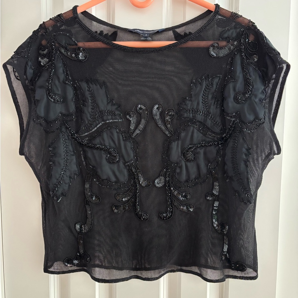 French Connection Black Embroidered Mesh Blouse